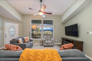Spacious living room and workspace at Bass Lake rentals with wifi