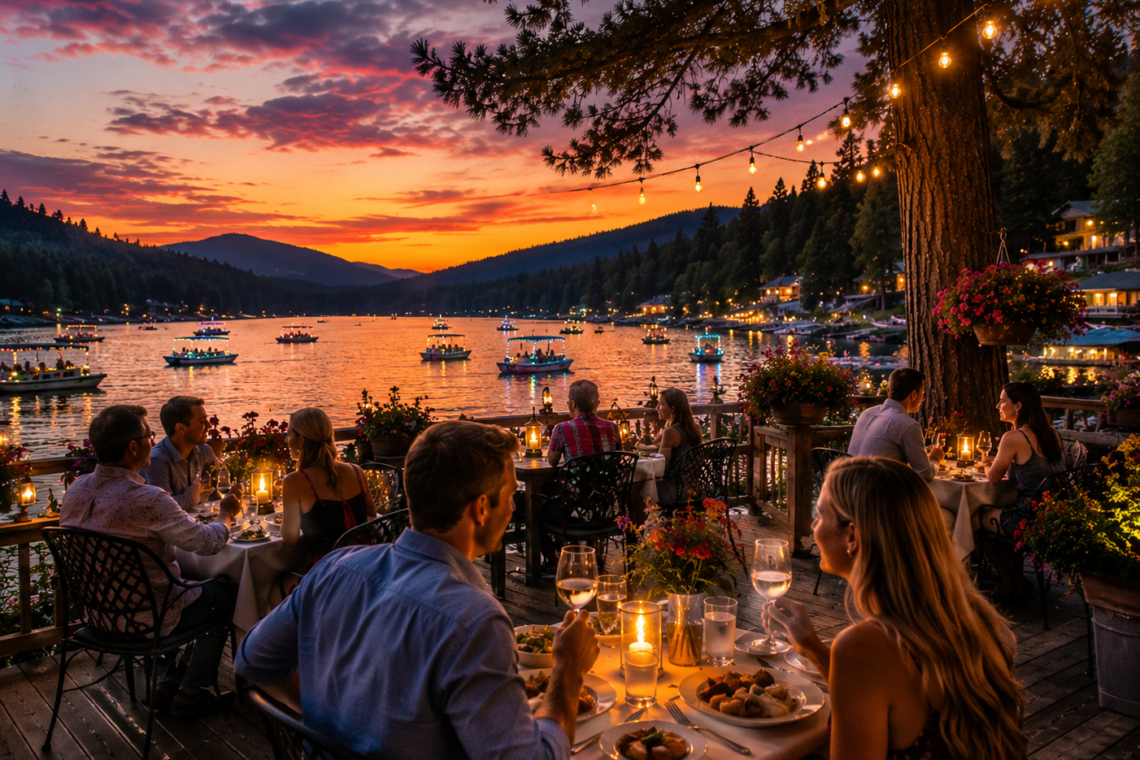 Guests enjoying outdoor lakeside dining at sunset during summer Bass Lake events.