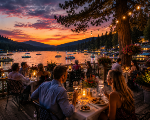 Guests enjoying outdoor lakeside dining at sunset during summer Bass Lake events.