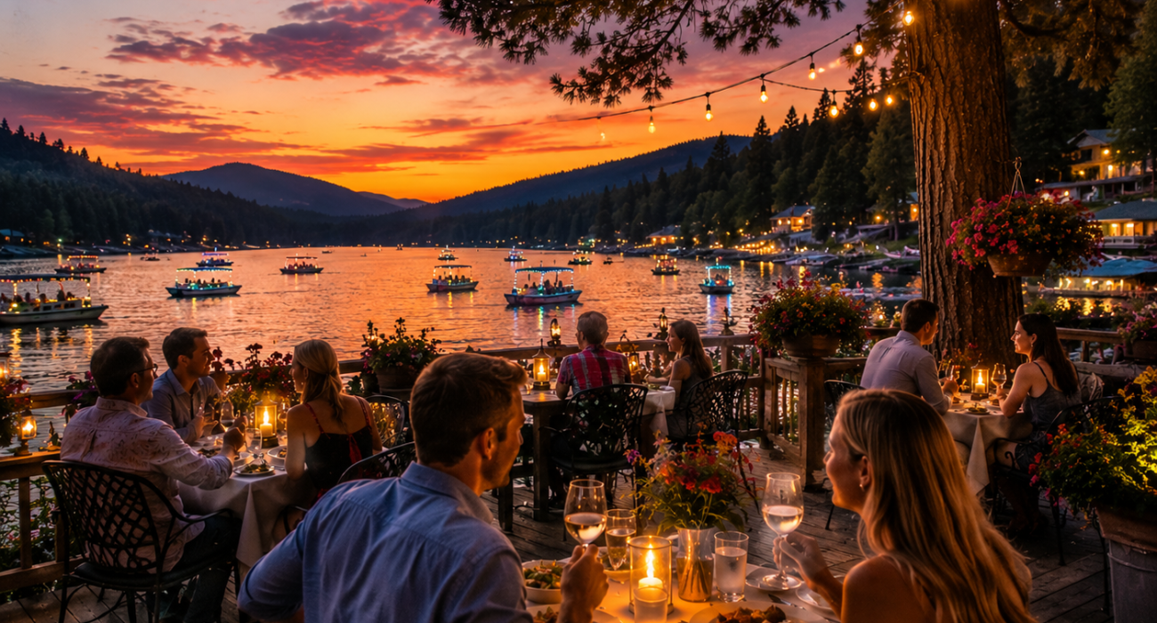 Guests enjoying outdoor lakeside dining at sunset during summer Bass Lake events.